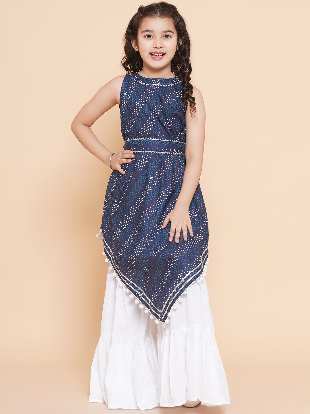 Girl's  Navy Blue Printed With Lace Handkerchief Style Kurta With Sharara - Bitiya By Bhama