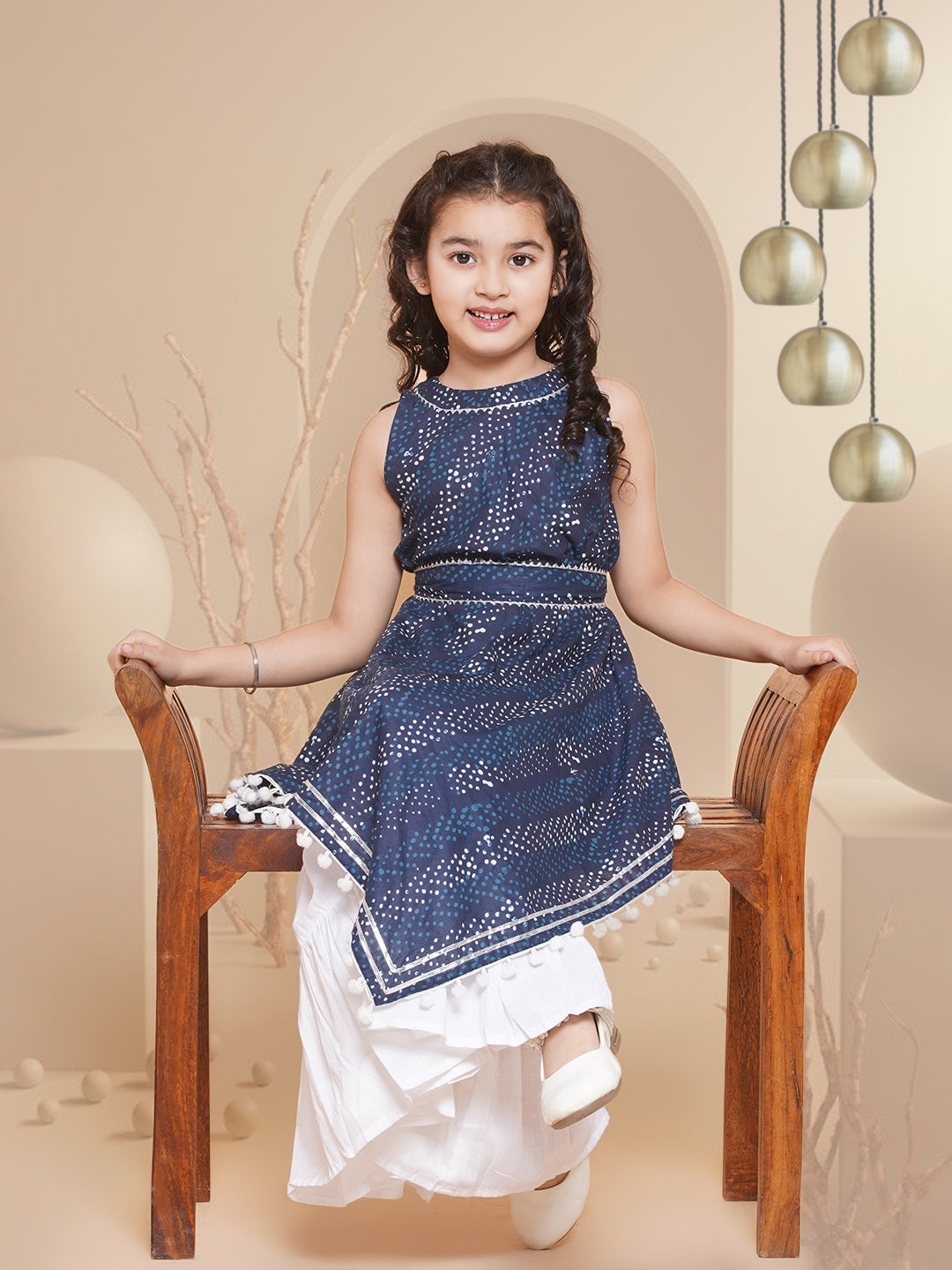 Girl's  Navy Blue Printed With Lace Handkerchief Style Kurta With Sharara - Bitiya By Bhama