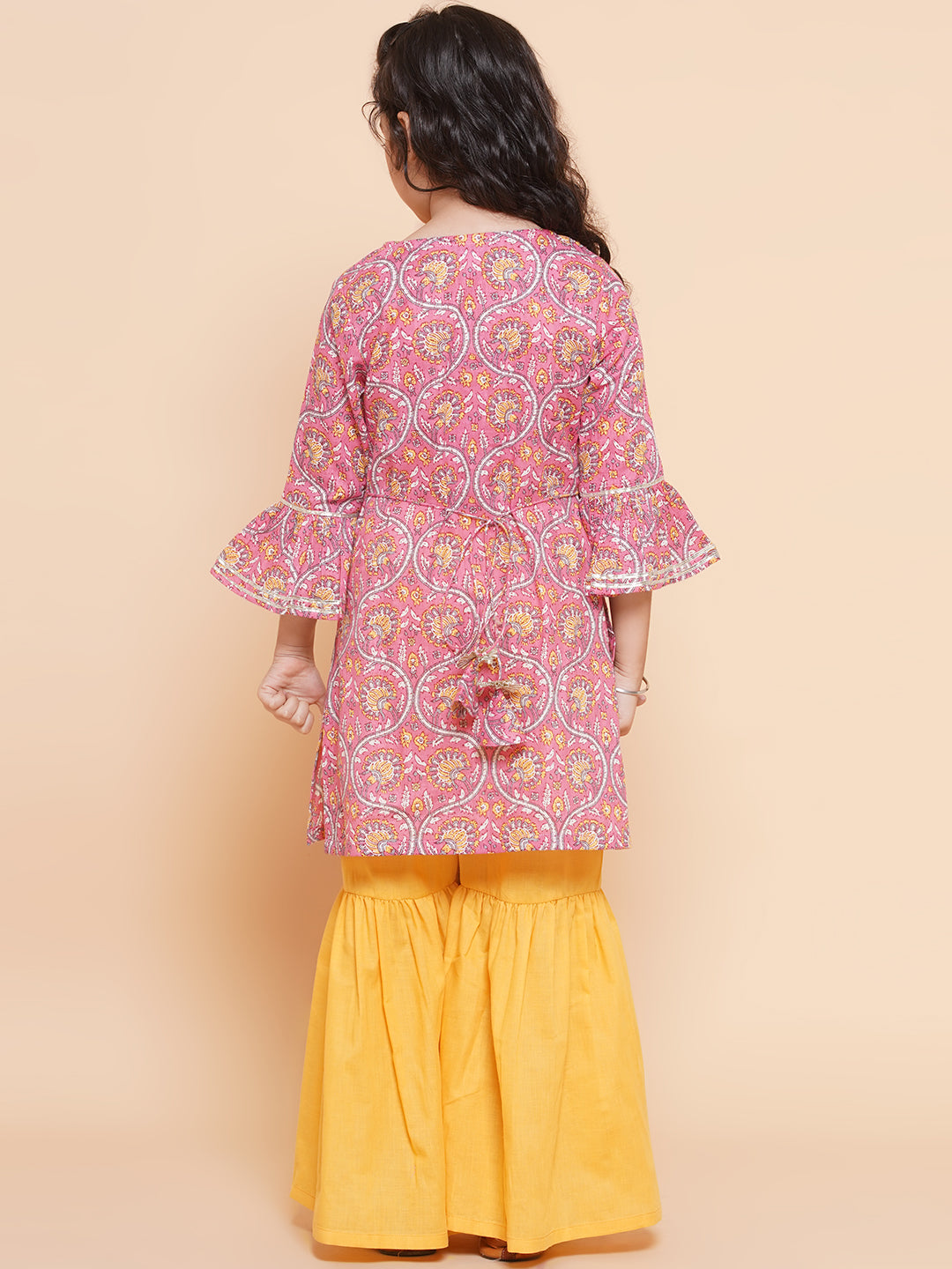 Girl's Pink Floral Printed Panelled Pure Cotton Kurta With Sharara - Bitiya By Bhama