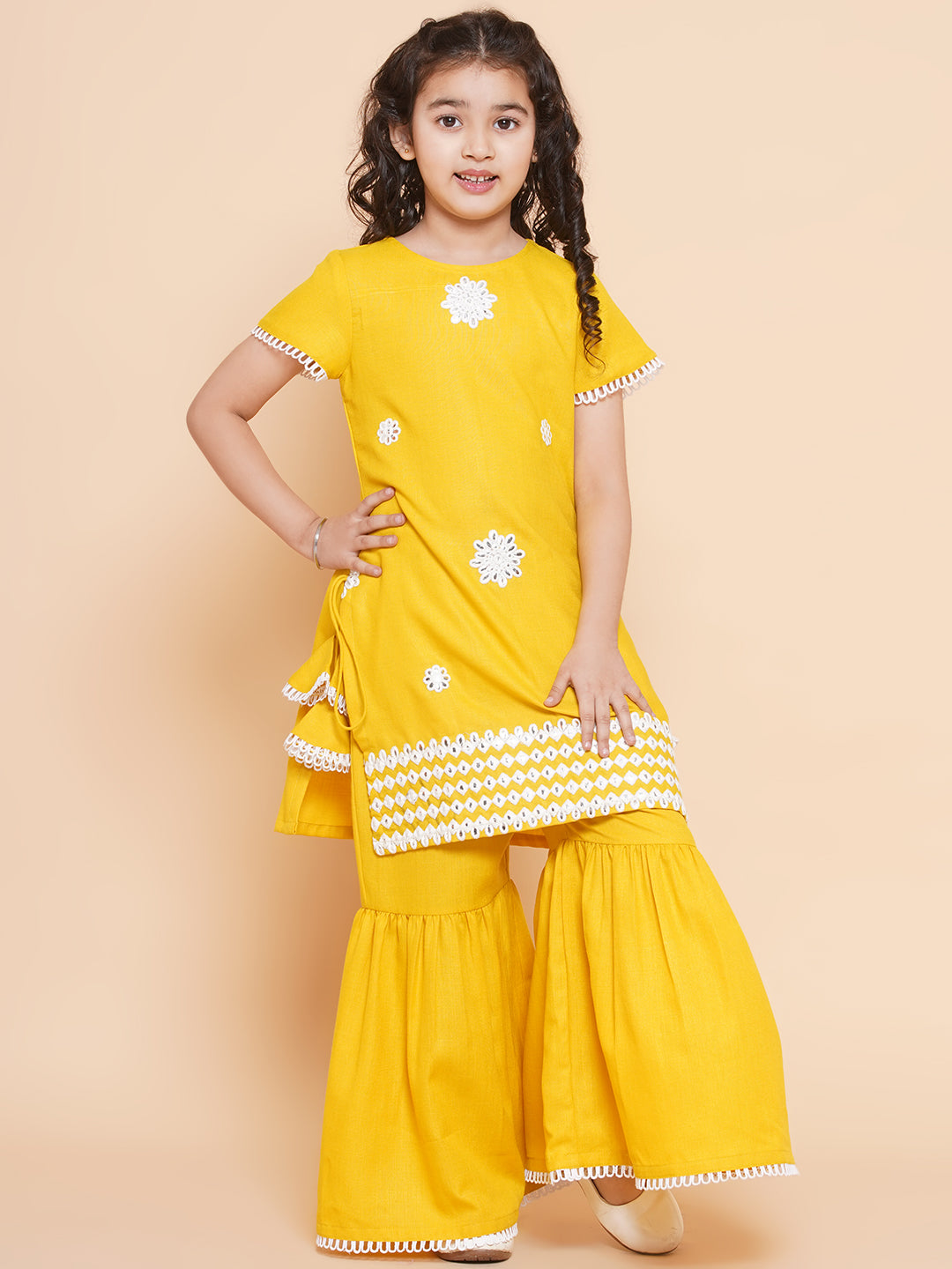 Girl's Yellow Thread Work Embroidered  Kurta With Sharara - Bitiya By Bhama