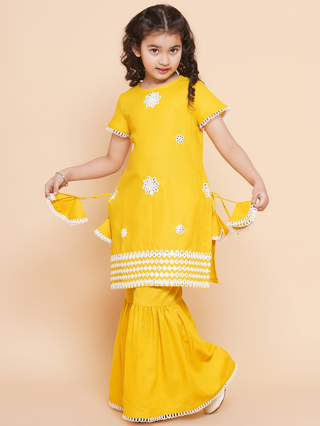 Girl's Yellow Thread Work Embroidered  Kurta With Sharara - Bitiya By Bhama