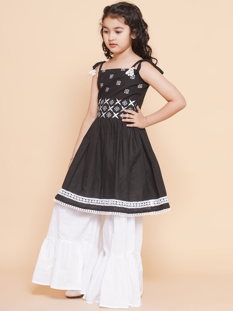 Girl's Black Ethnic Motifs Embroidered  Kurta With White Sharara