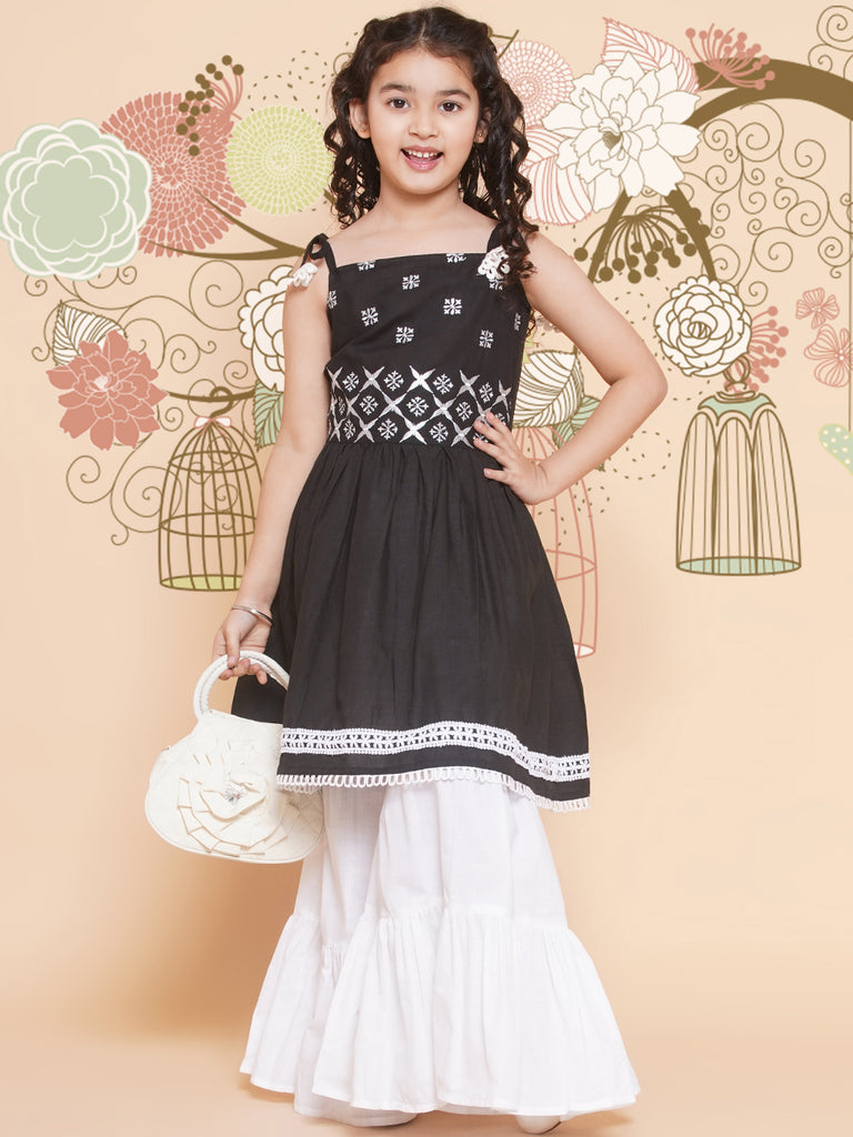 Girl's Black Ethnic Motifs Embroidered  Kurta With White Sharara