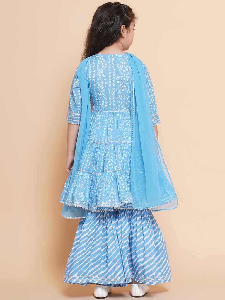 Girl's  Blue Bandhani  Printed Angrakha Gotta Patti Kurta With Sharara  With Dupatta