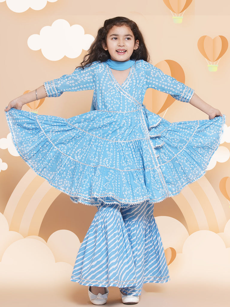 Girl's  Blue Bandhani  Printed Angrakha Gotta Patti Kurta With Sharara  With Dupatta