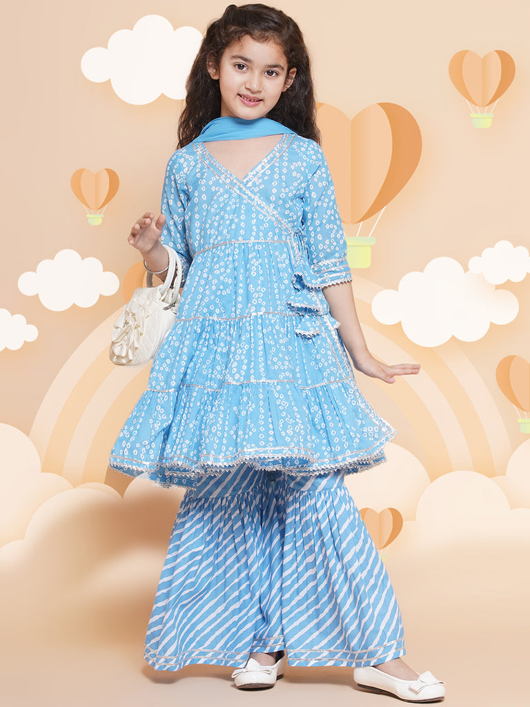 Girl's  Blue Bandhani  Printed Angrakha Gotta Patti Kurta With Sharara  With Dupatta