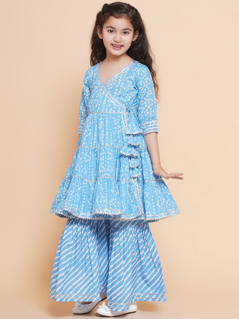 Girl's  Blue Bandhani  Printed Angrakha Gotta Patti Kurta With Sharara  With Dupatta