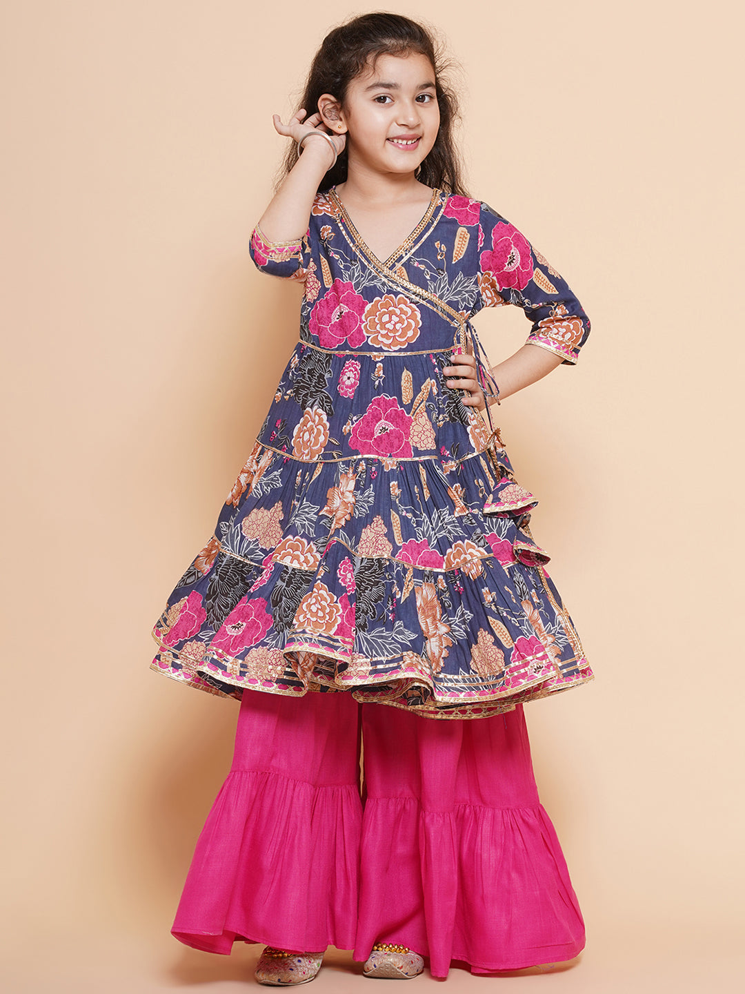 Girl's Pink Floral Printed Angrakha Gotta Patti Kurta With Sharara