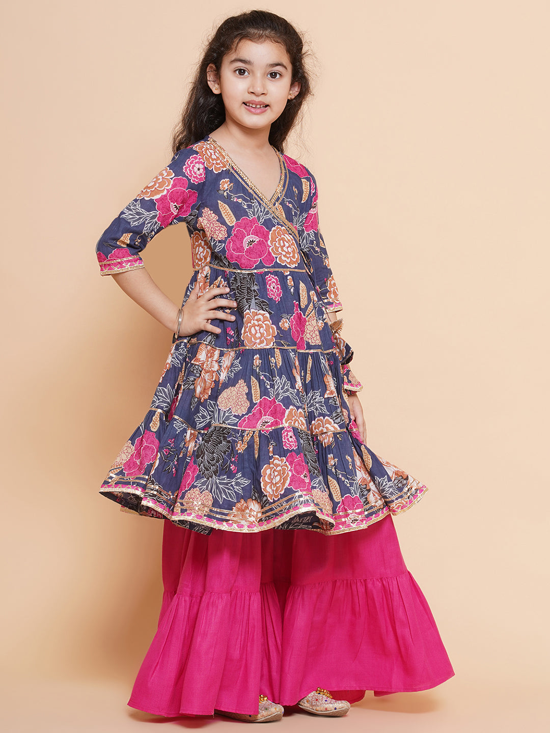 Girl's Pink Floral Printed Angrakha Gotta Patti Kurta With Sharara