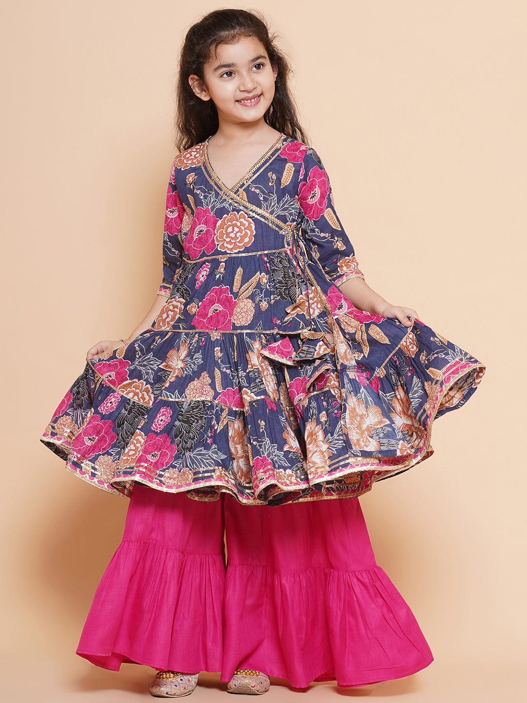 Girl's Pink Floral Printed Angrakha Gotta Patti Kurta With Sharara