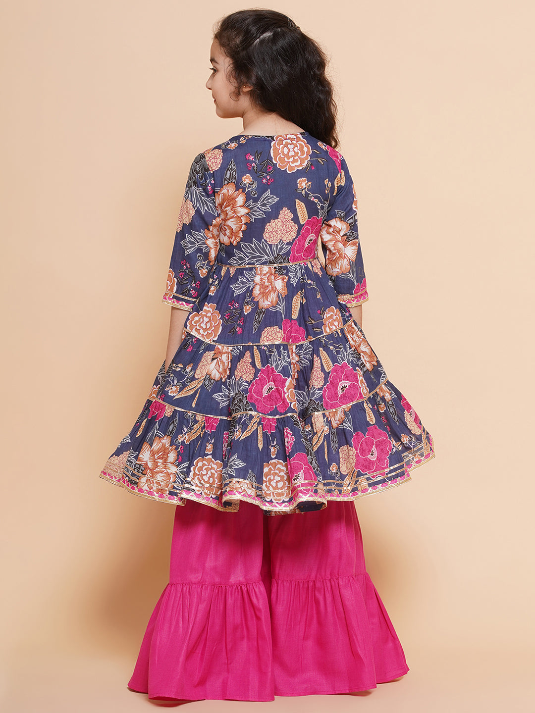 Girl's Pink Floral Printed Angrakha Gotta Patti Kurta With Sharara
