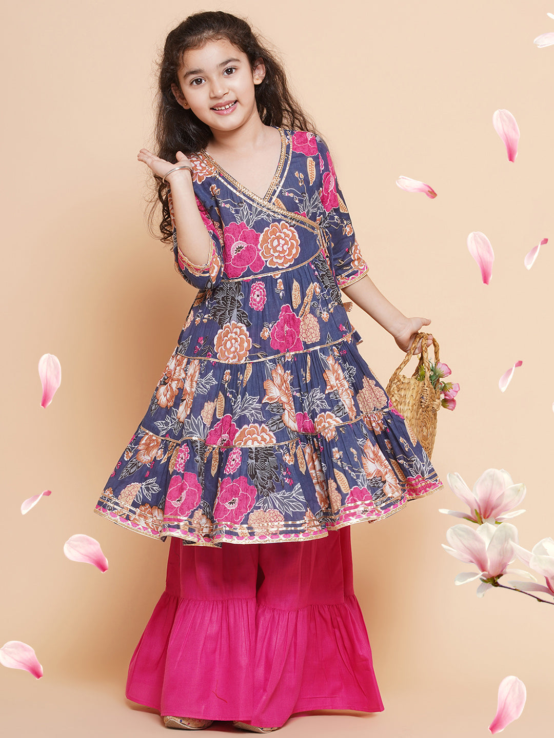 Girl's Pink Floral Printed Angrakha Gotta Patti Kurta With Sharara