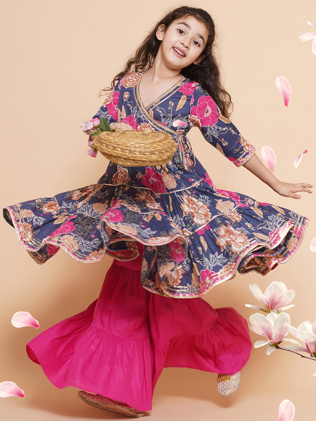 Girl's Pink Floral Printed Angrakha Gotta Patti Kurta With Sharara