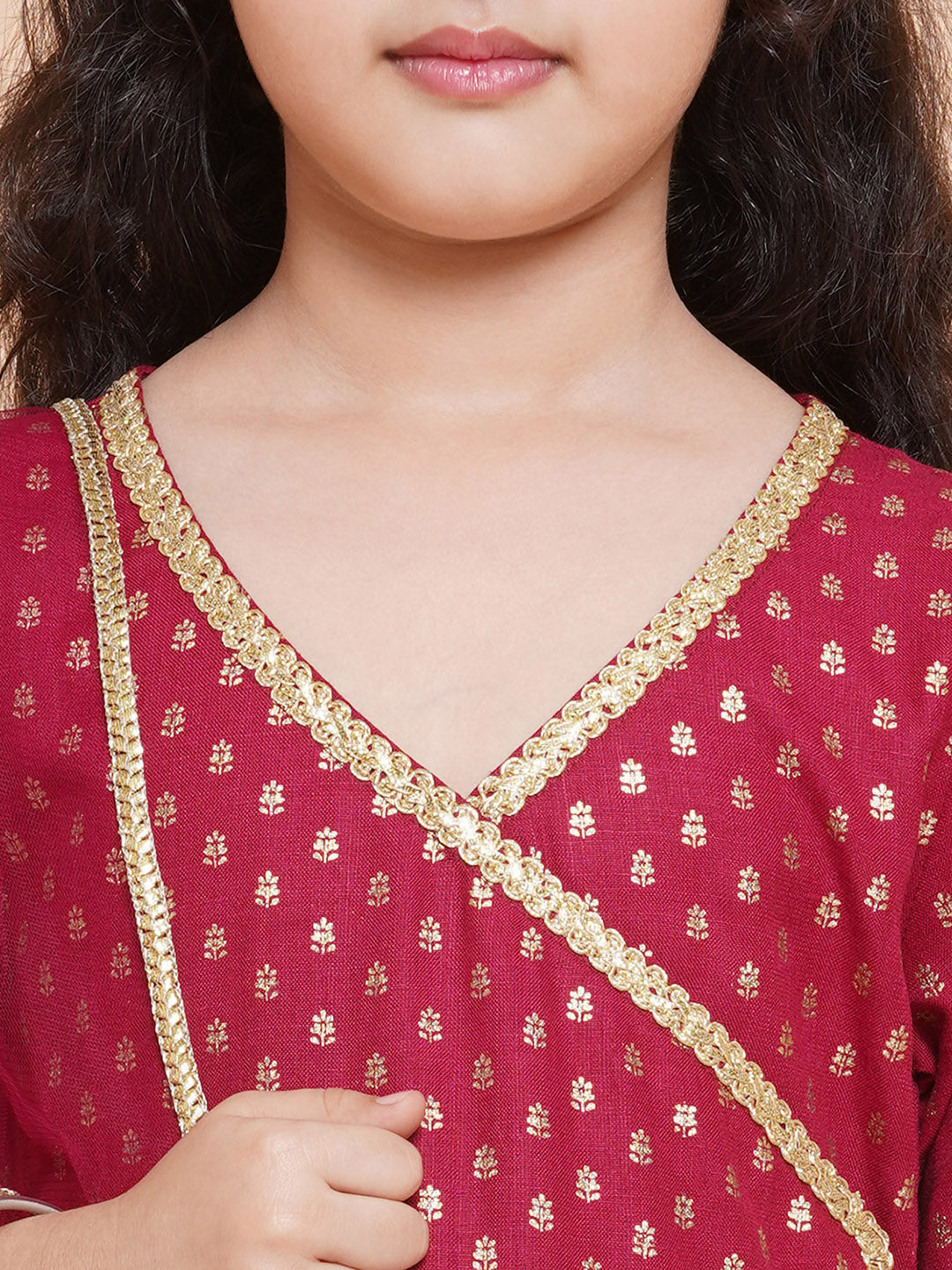 Girl's Maroon Ethnic Motifs Printed Angrakha Cotton Kurta With Trouser  & Dupatta - Bitiya By Bhama