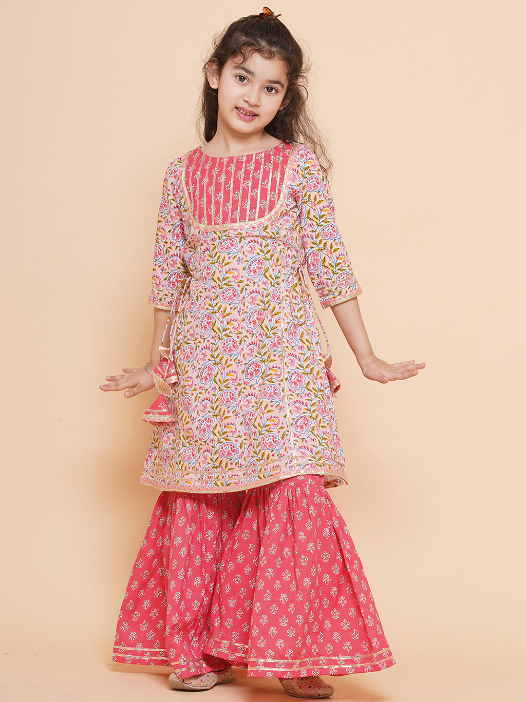 Girl's  Floral Printed Cotton Kurta With Sharara