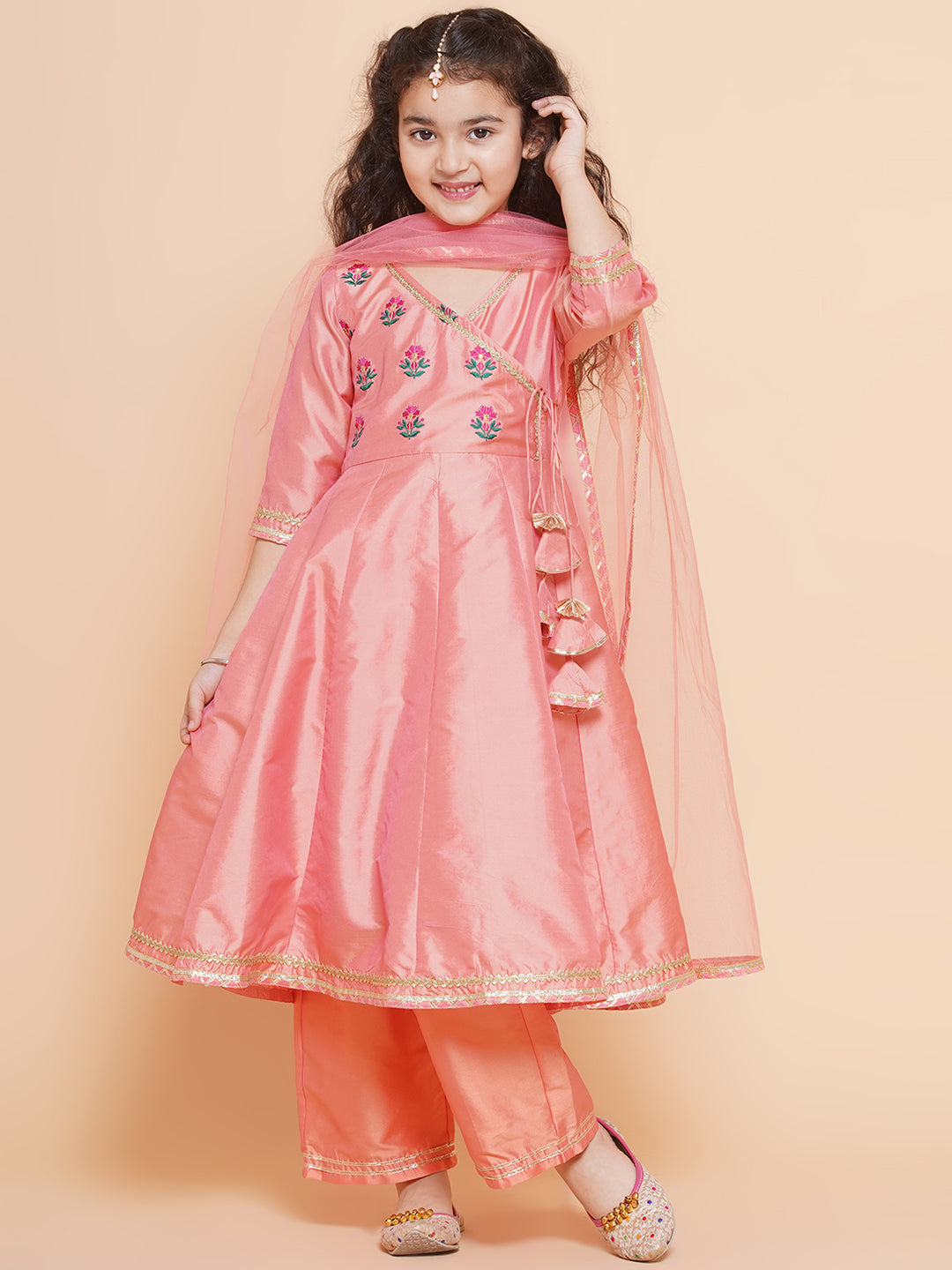 Girl's Embroidered Angrakha Kurta With Trousers & Dupatta