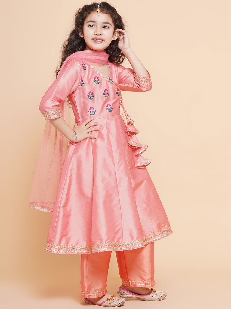 Girl's Embroidered Angrakha Kurta With Trousers & Dupatta