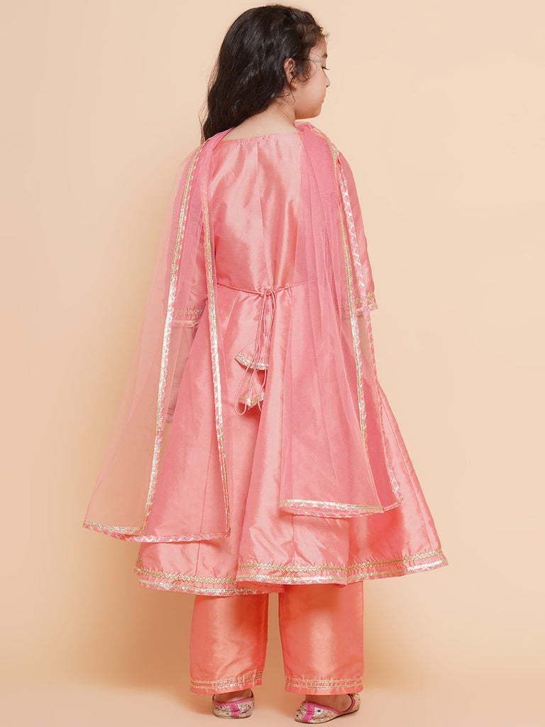 Girl's Embroidered Angrakha Kurta With Trousers & Dupatta
