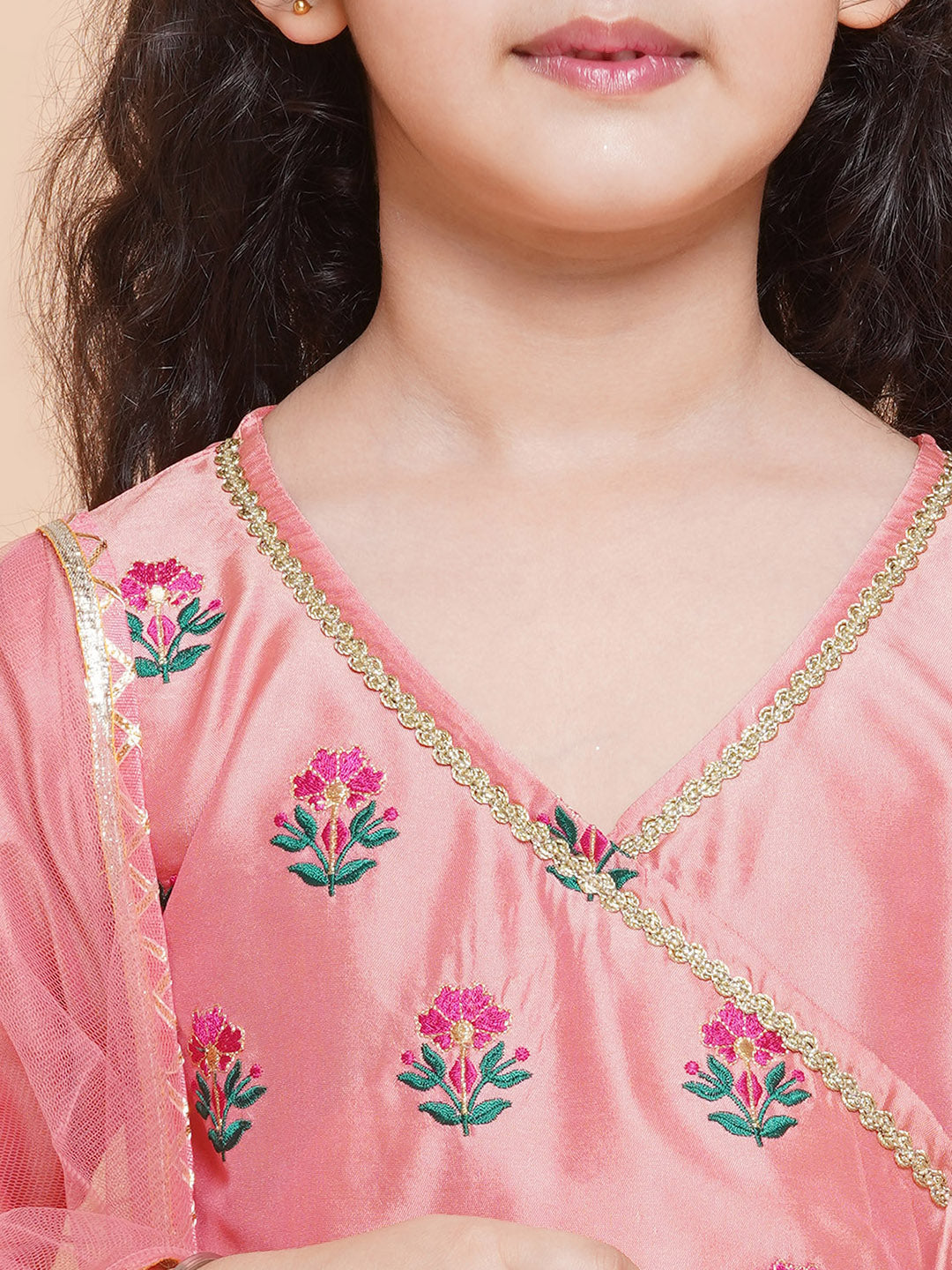 Girl's Embroidered Angrakha Kurta With Trousers & Dupatta