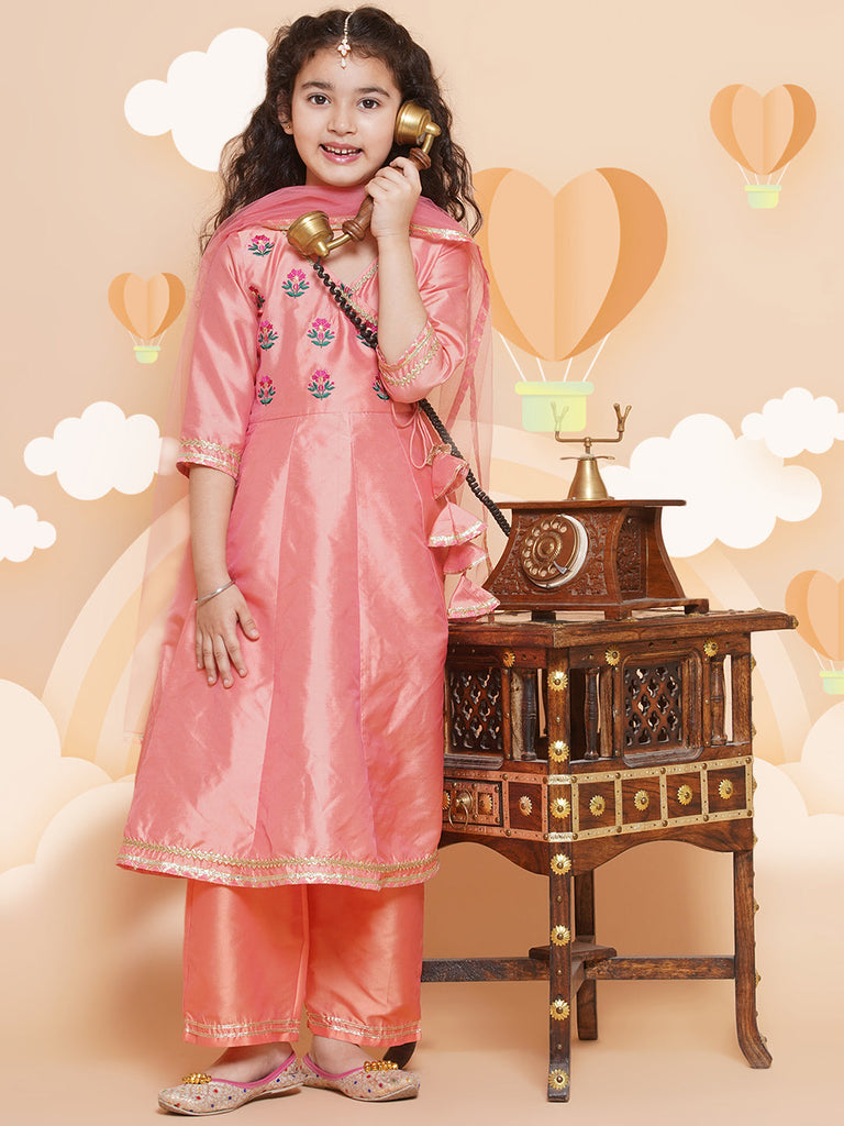 Girl's Embroidered Angrakha Kurta With Trousers & Dupatta