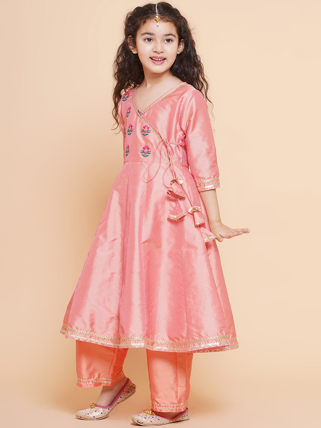 Girl's Embroidered Angrakha Kurta With Trousers & Dupatta