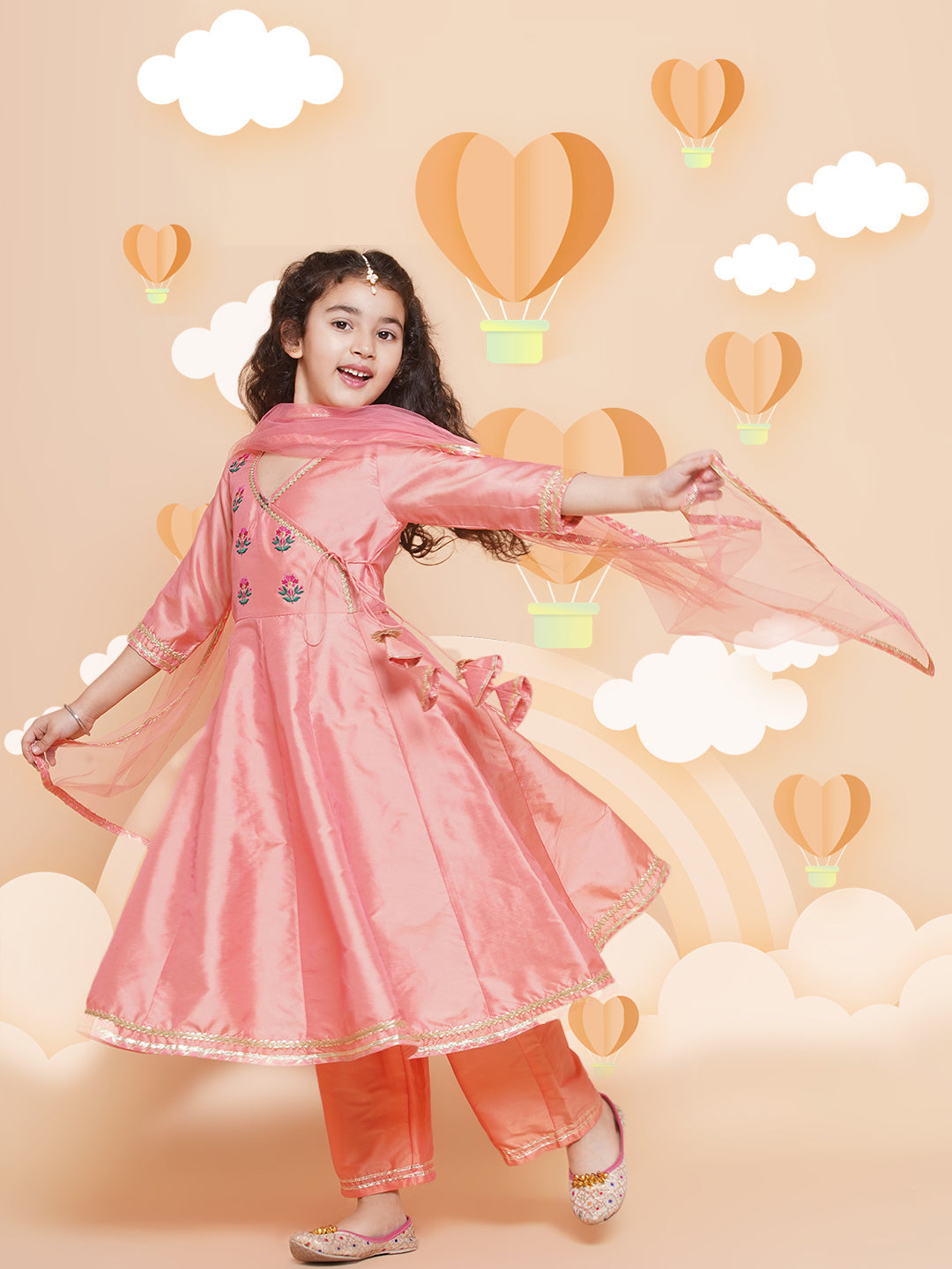 Girl's Embroidered Angrakha Kurta With Trousers & Dupatta