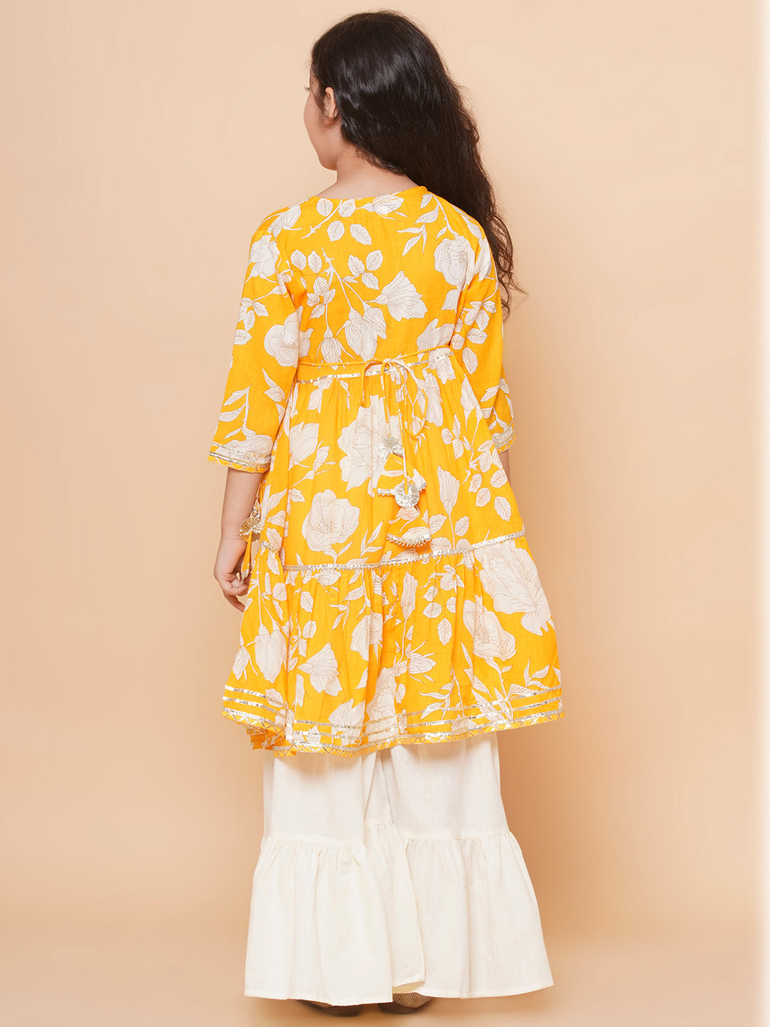 Girl's Yellow Floral Printed Angrakha Gotta Patti Kurta With Sharara - Bitiya By Bhama