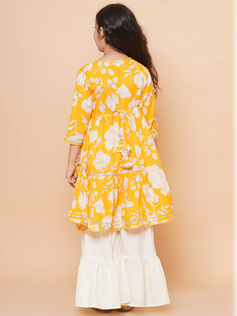 Girl's Yellow Floral Printed Angrakha Gotta Patti Kurta With Sharara