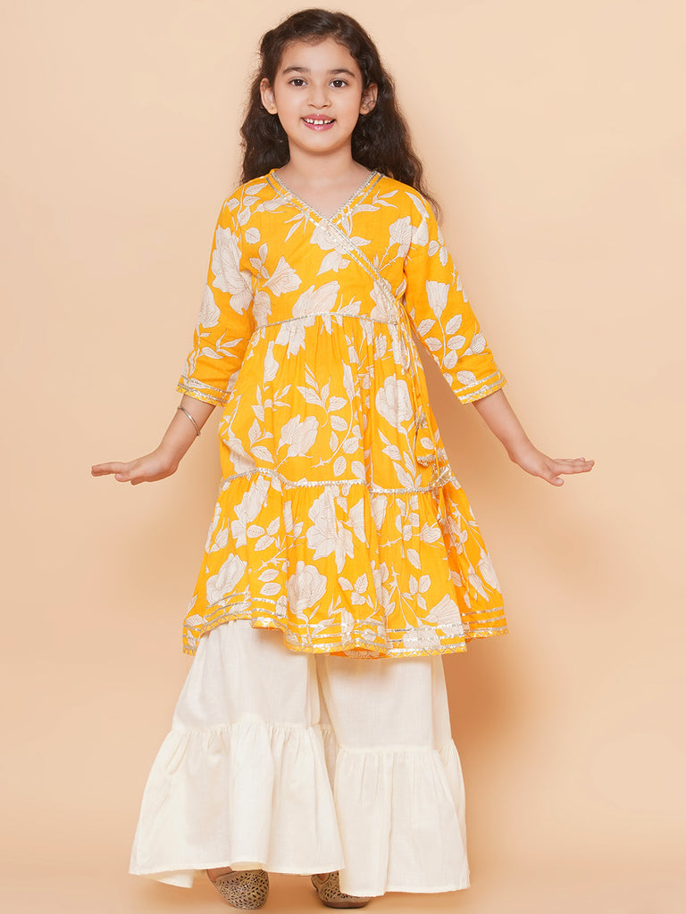 Girl's Yellow Floral Printed Angrakha Gotta Patti Kurta With Sharara