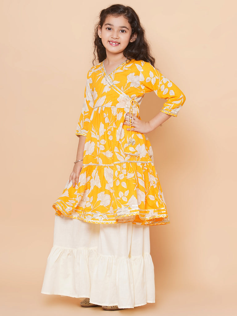 Girl's Yellow Floral Printed Angrakha Gotta Patti Kurta With Sharara