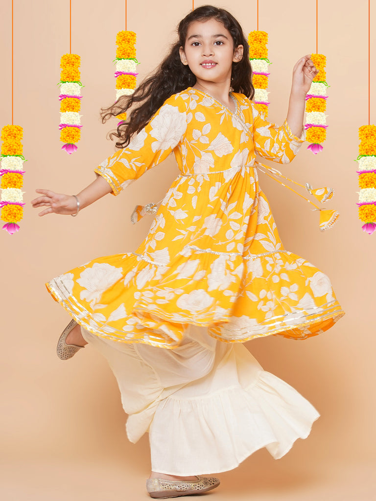 Girl's Yellow Floral Printed Angrakha Gotta Patti Kurta With Sharara