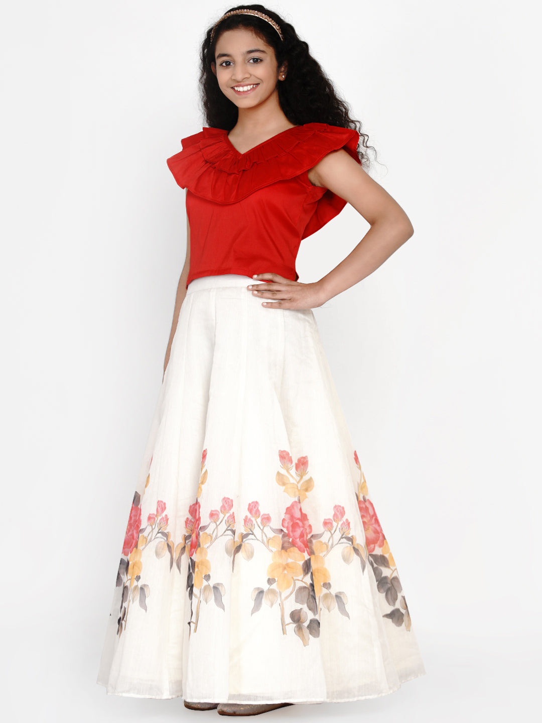 Girls Red & White Printed Ready To Wear Lehenga & Blouse - Bitiya By Bhama