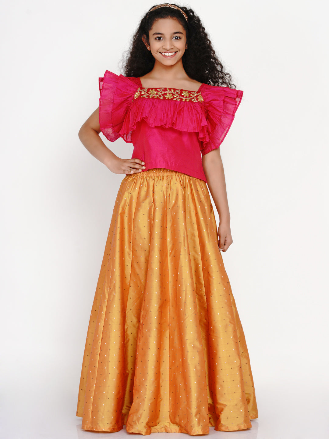 Girls Pink & Orange Thread Work Ready To Wear Lehenga & Blouse - Bitiya By Bhama