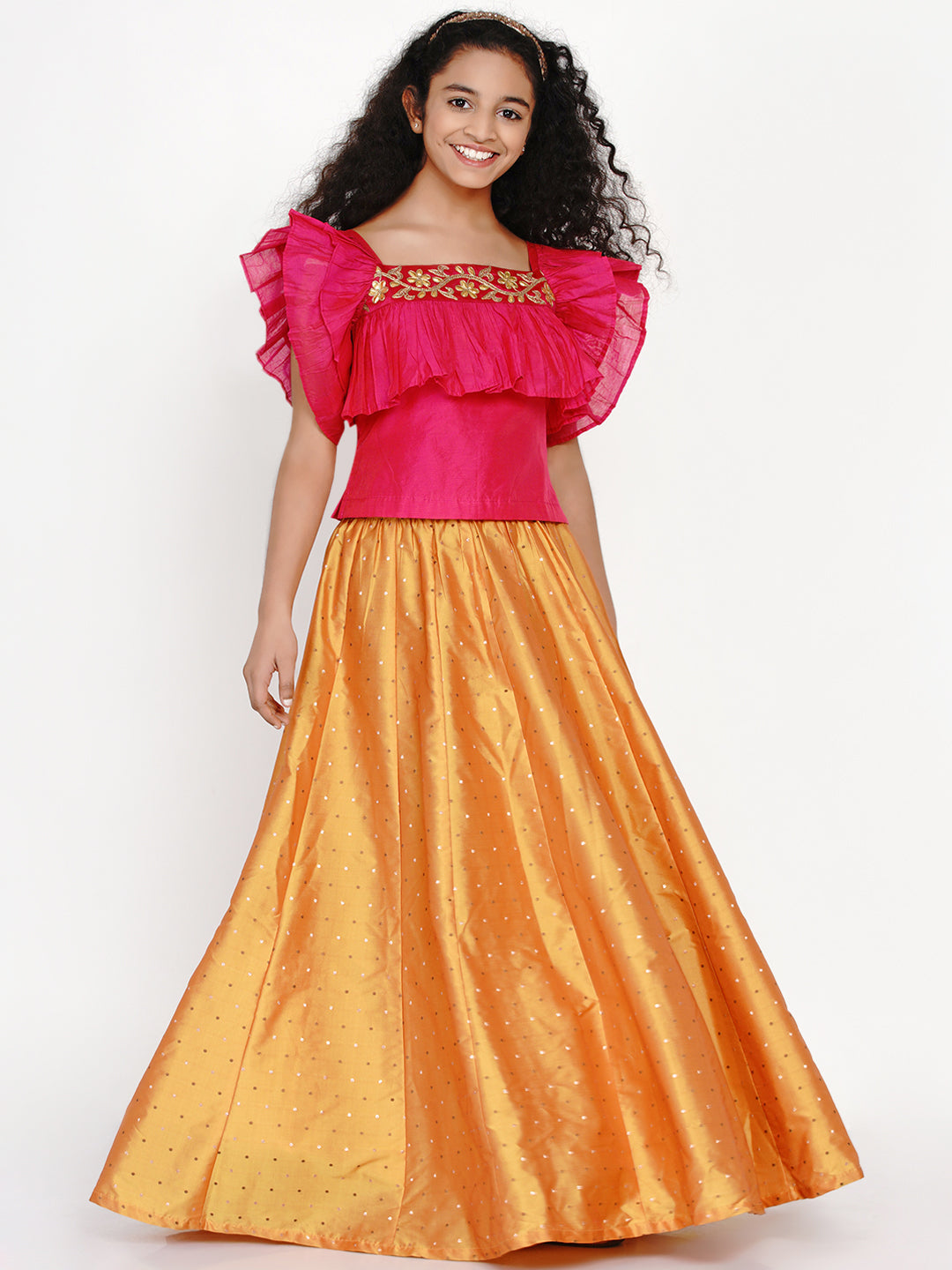 Girls Pink & Orange Thread Work Ready To Wear Lehenga & Blouse - Bitiya By Bhama