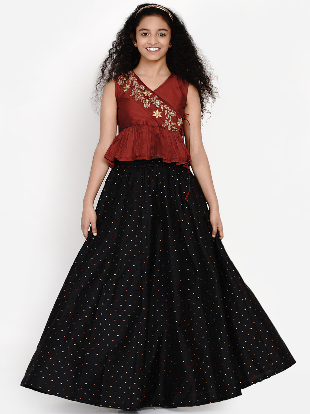 Girls Maroon & Black Printed Ready To Wear Lehenga With Blouse