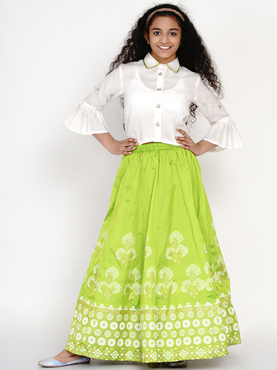 Girls White & Green Block Print Ready To Wear Lehenga & Blouse - Bitiya By Bhama