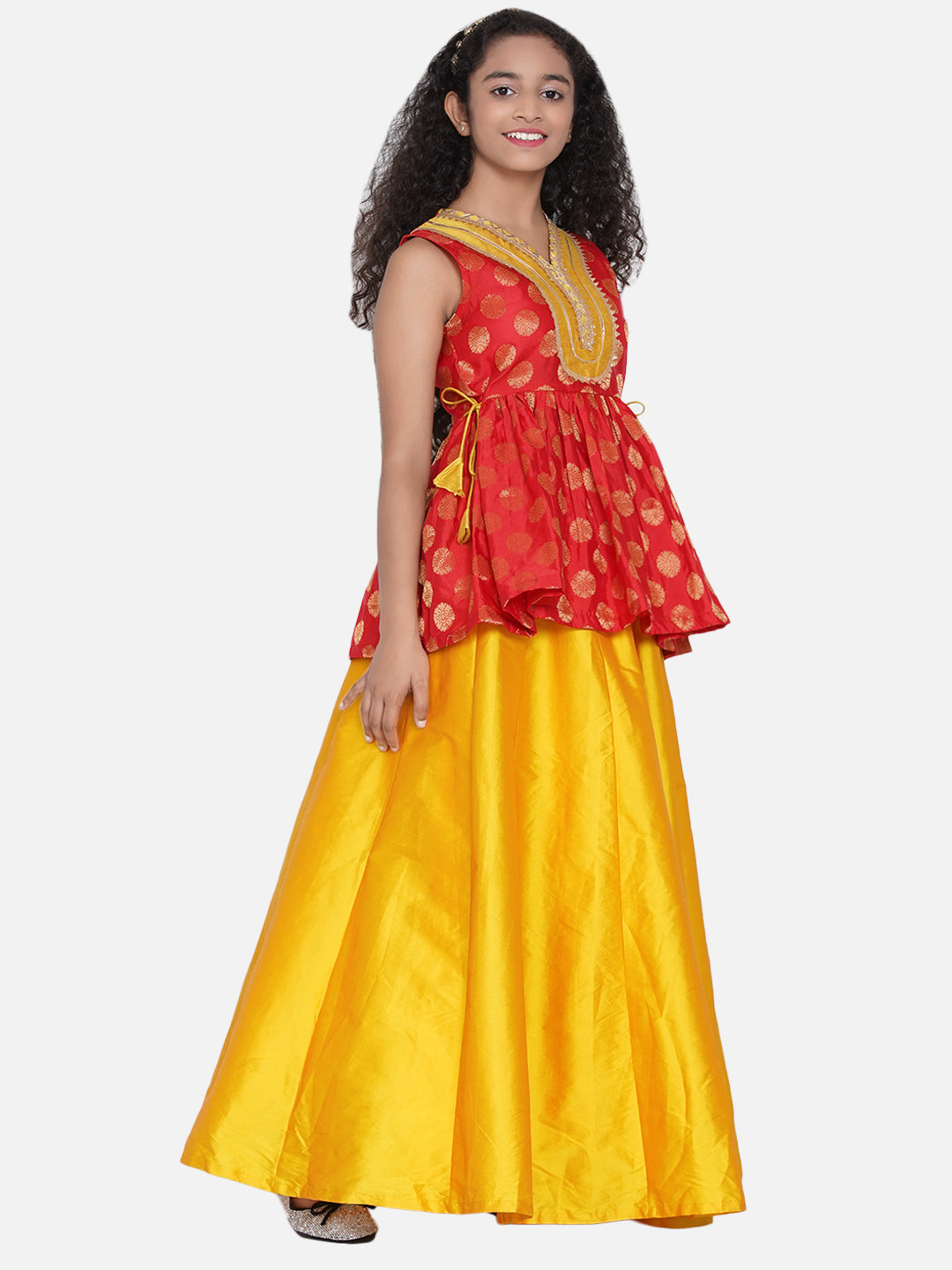 Girls Red & Mustard Yellow Woven Design Gota Patti Ready To Wear Lehenga - Bitiya By Bhama