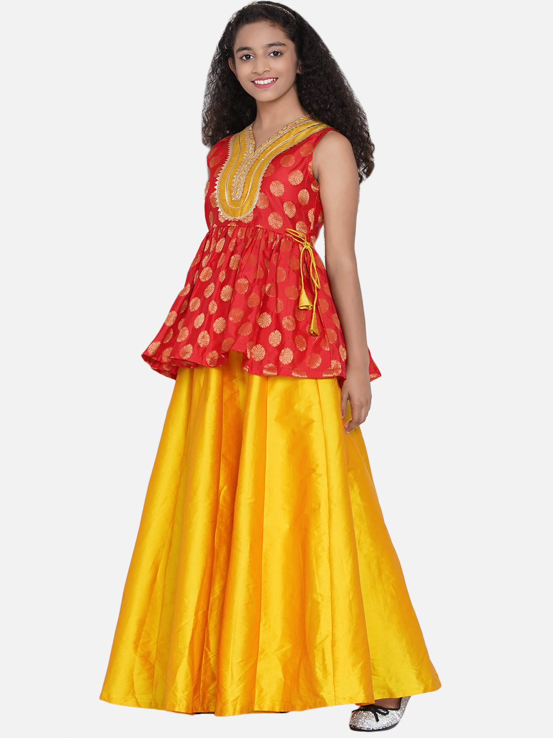 Girls Red & Mustard Yellow Woven Design Gota Patti Ready To Wear Lehenga - Bitiya By Bhama