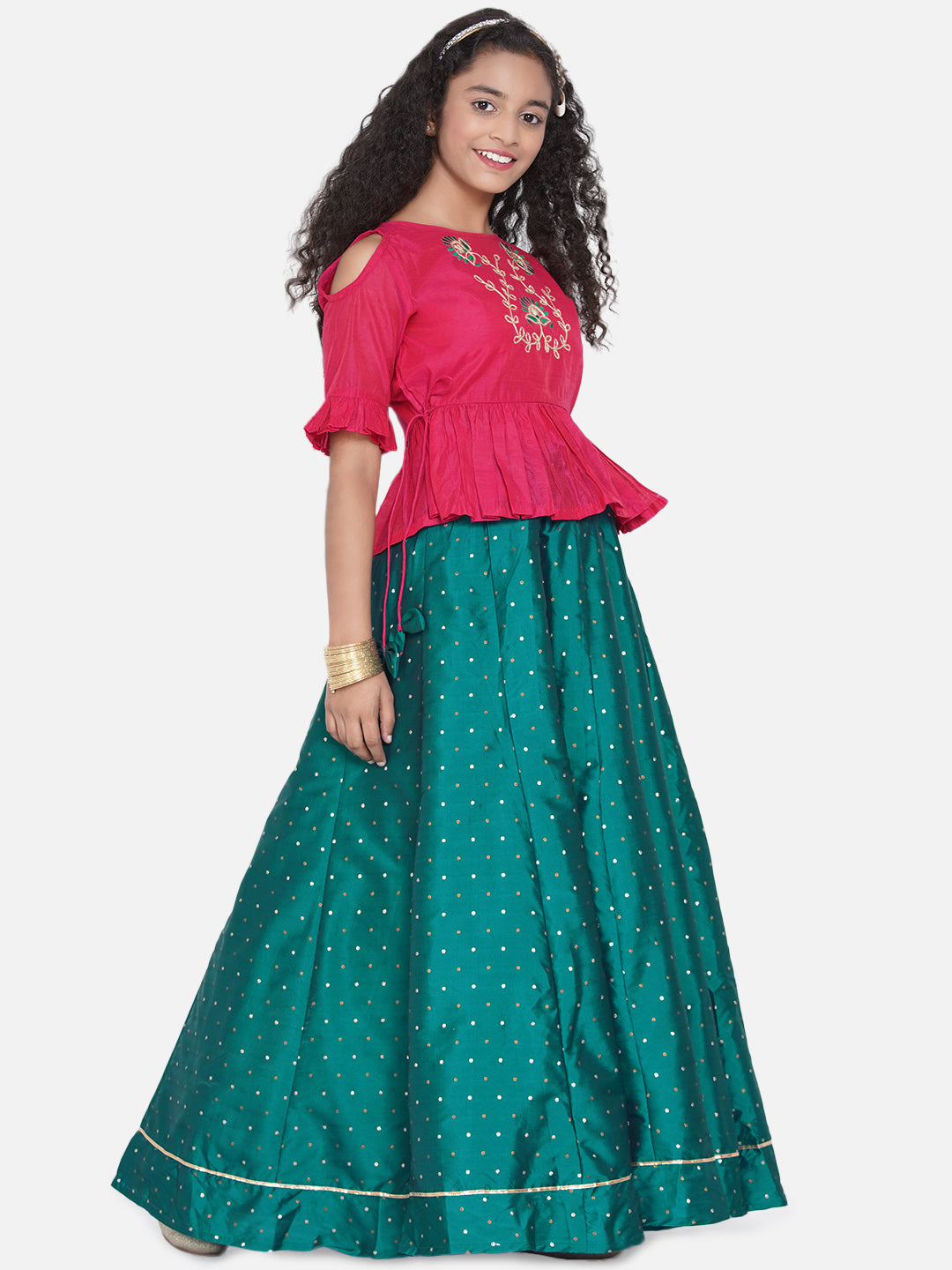 Girls Pink & Green Embroidered Choli Ready To Wear Lehenga - Bitiya By Bhama