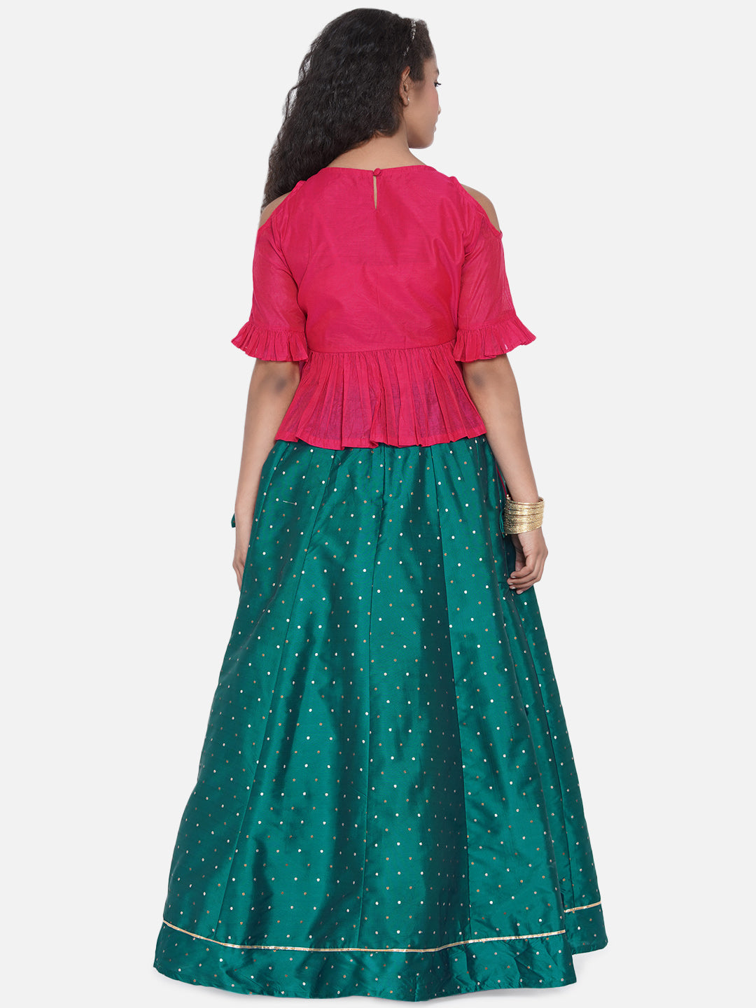 Girls Pink & Green Embroidered Choli Ready To Wear Lehenga - Bitiya By Bhama