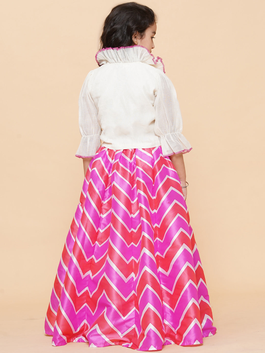 Girls Pink Leheriya Printed Ready To Wear Lehenga With White Blouse - Bitiya By Bhama