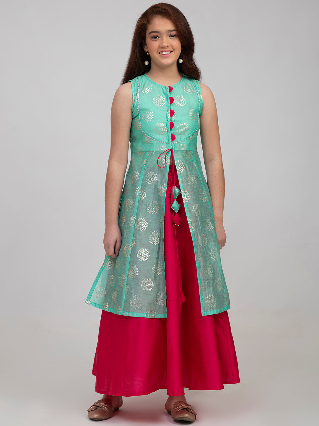 Girls Sea Green & Pink Printed Foil Print Ready To Wear Lehenga Choli - Bitiya By Bhama