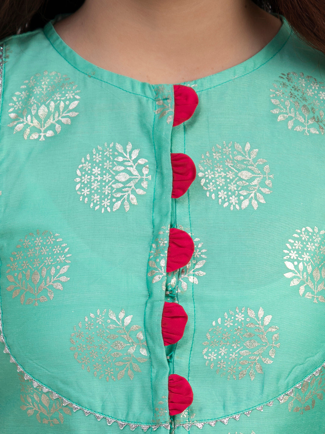 Girls Sea Green & Pink Printed Foil Print Ready To Wear Lehenga Choli - Bitiya By Bhama