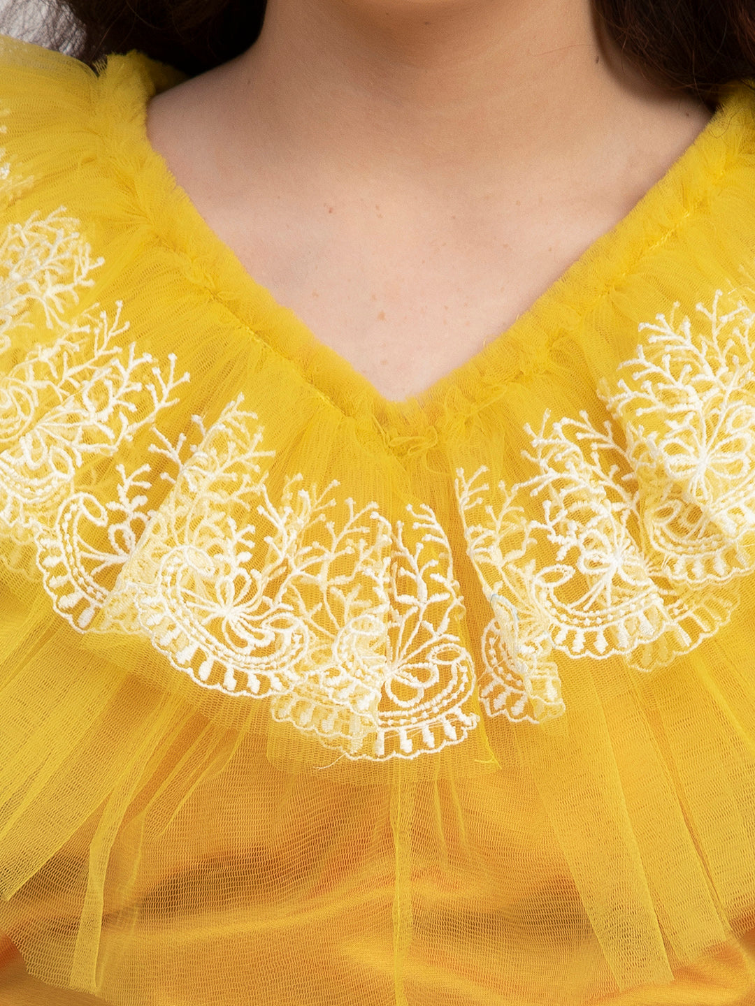 Girls Yellow & White Embroidered Ready To Wear Lehenga Choli - Bitiya By Bhama