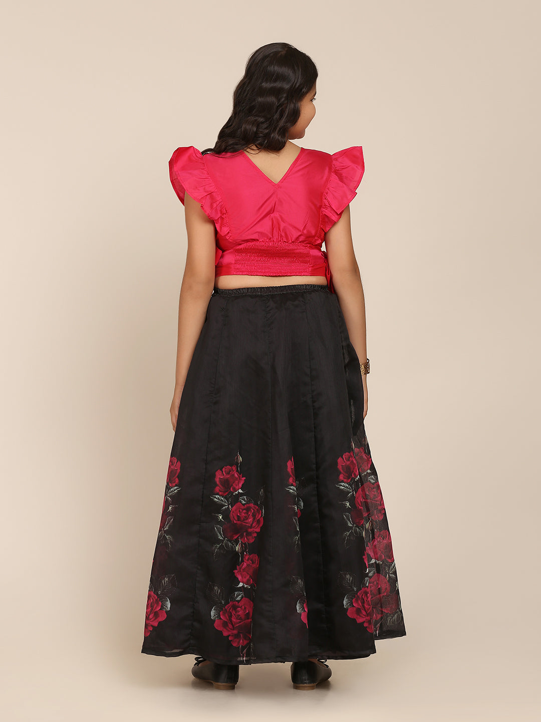 Girls Pink & Black Printed Ready To Wear Lehenga Choli - Bitiya By Bhama