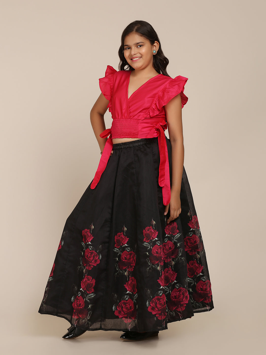 Girls Pink & Black Printed Ready To Wear Lehenga Choli - Bitiya By Bhama