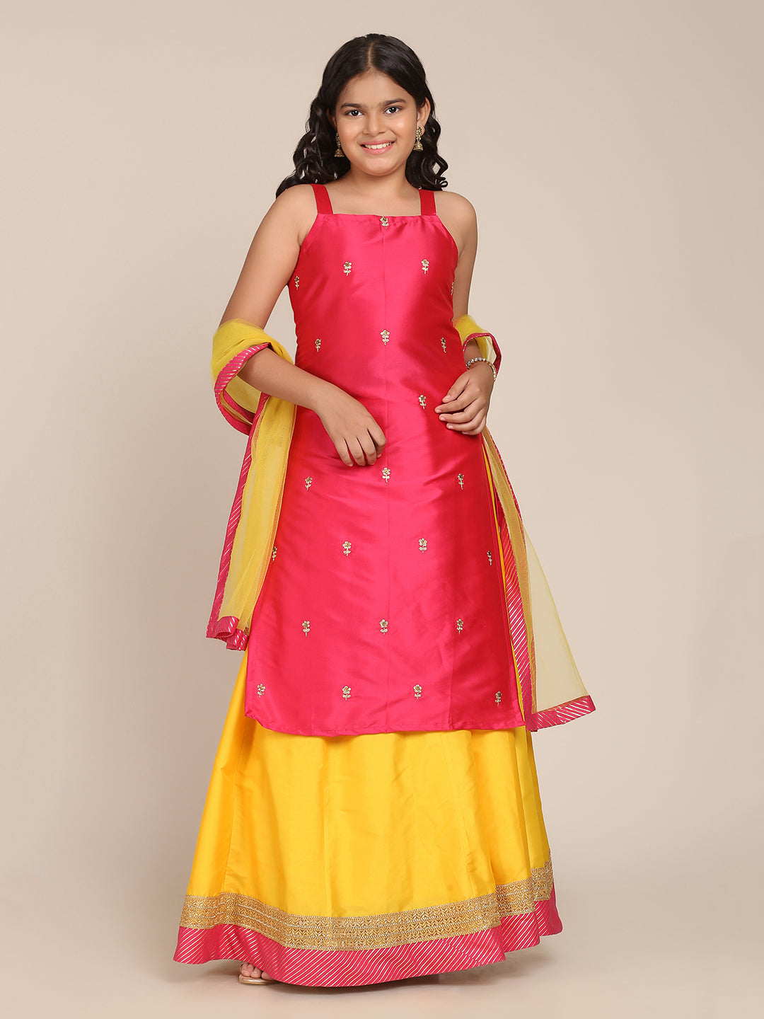 Girls Pink & Yellow Embroidered Ready To Wear Lehenga & Blouse With Dupatta - Bitiya By Bhama
