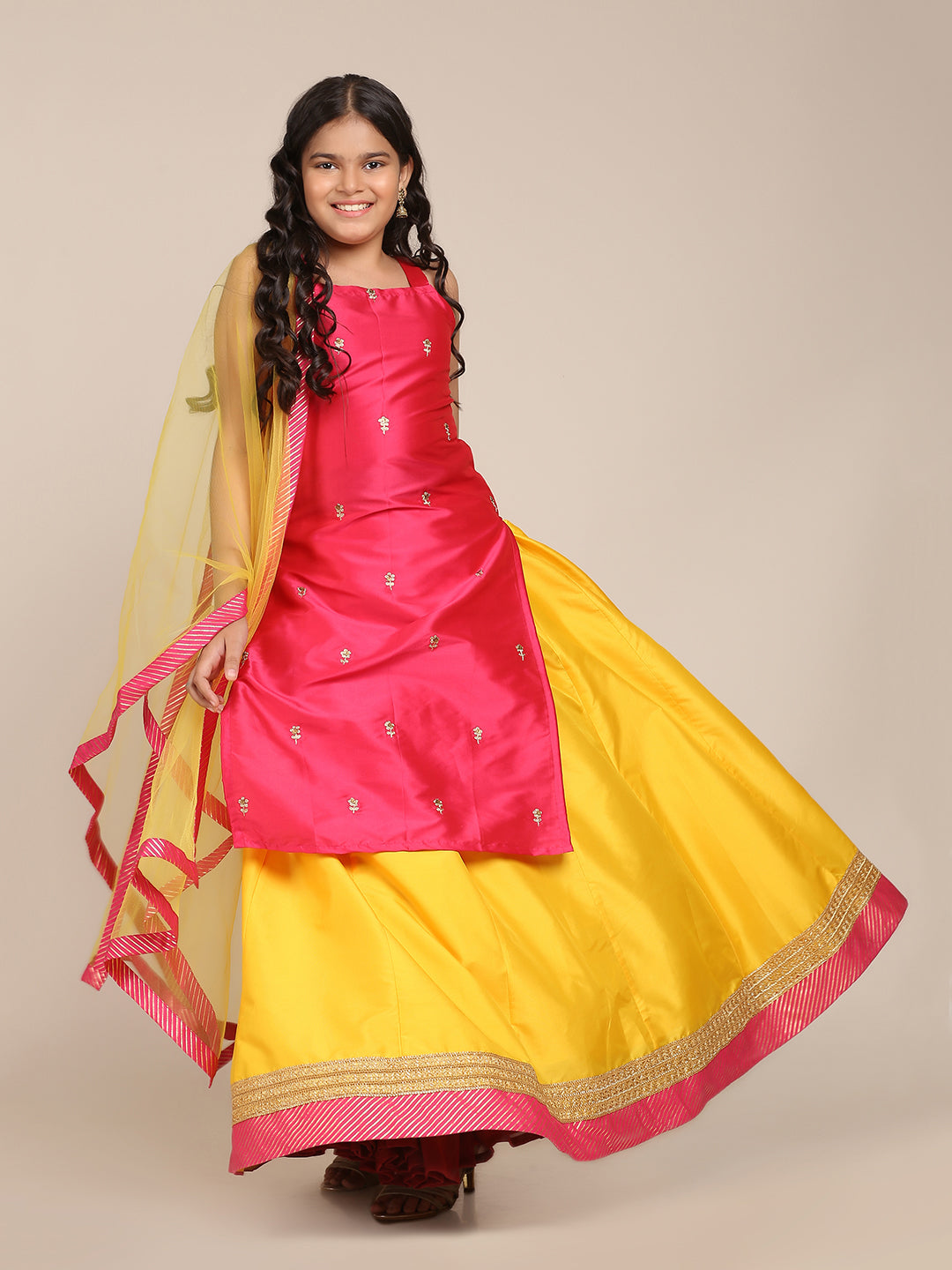 Girls Pink & Yellow Embroidered Ready To Wear Lehenga & Blouse With Dupatta - Bitiya By Bhama