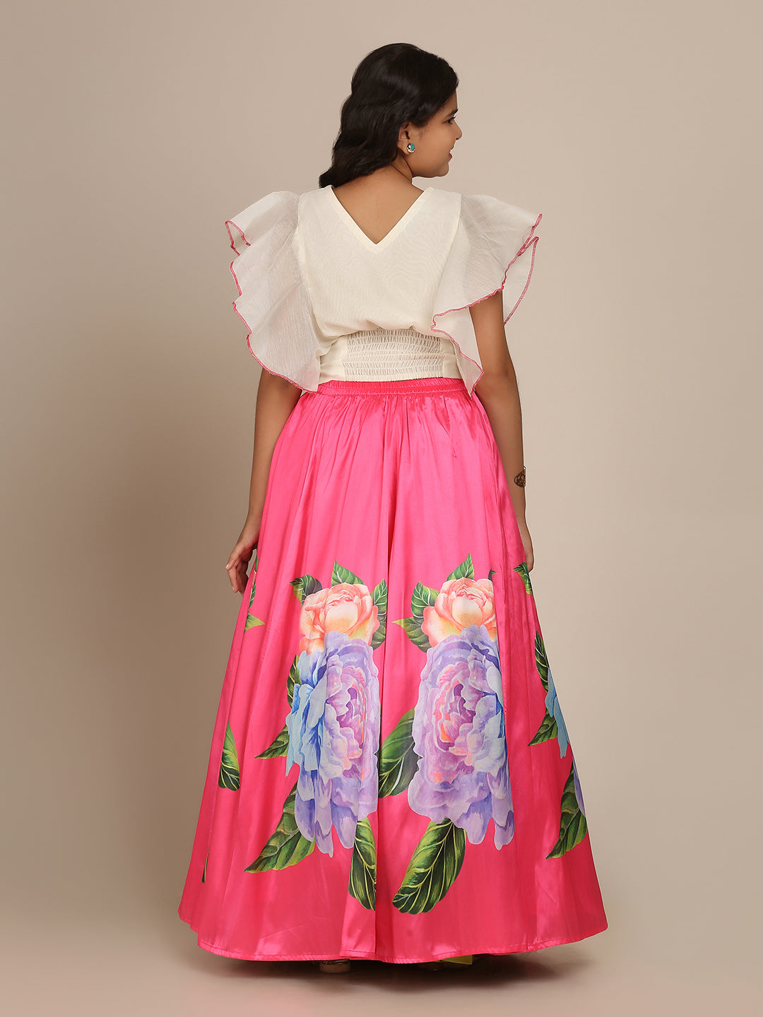 Girls Off White & Pink Ready To Wear Digital Print Lehenga Choli - Bitiya By Bhama