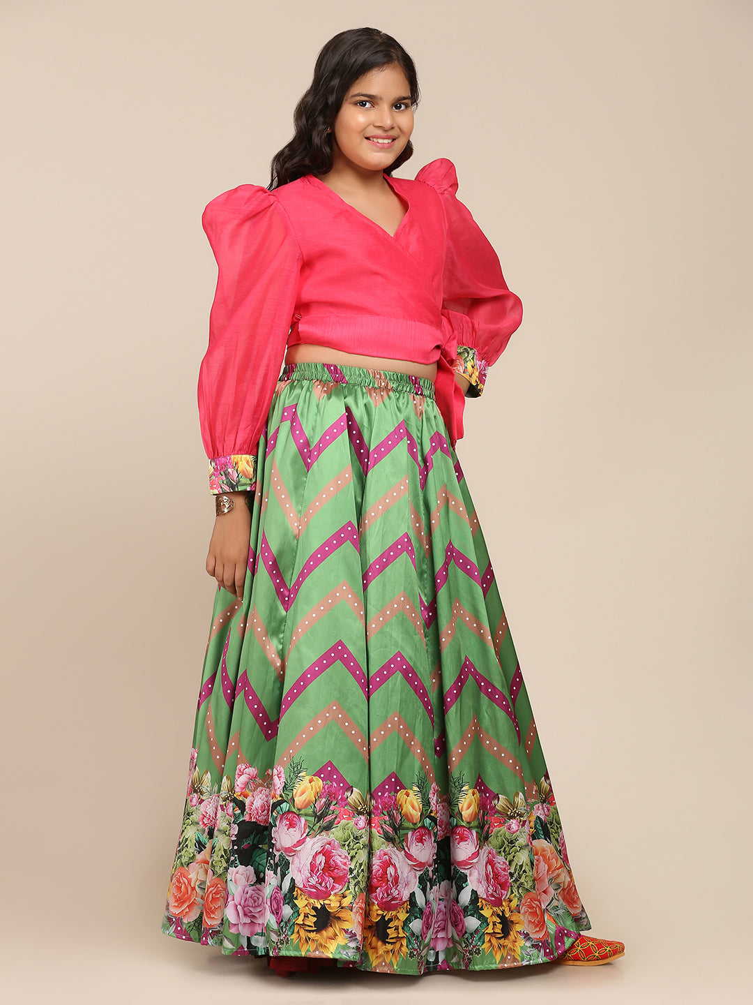 Girls Pink & Choli Green Digital Printed Ready To Wear Lehenga - Bitiya By Bhama